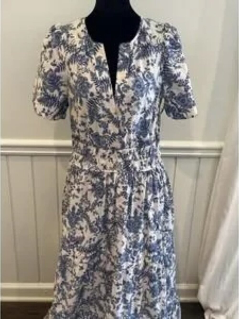 Anthropologie Somerset Dress L Blue White Floral Cottagecore Grandmillennial - Picture 6 of 10